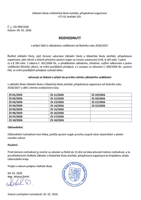 Rozhodnutí ředitele školy o přijetí do 1. ročníku základního vzdělávání